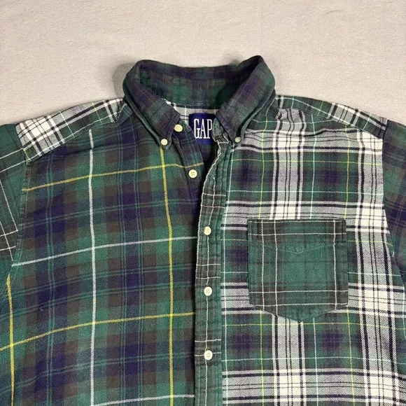 Gap Mens Large Plaid Color Block Flannel Shirt Organic Cotton Y2K VTG Blue/Green - Picture 2 of 10